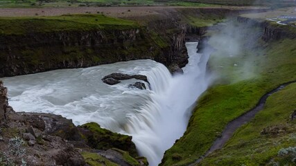 Poster - Iceland travel Gullfoss waterfall tourist attraction destination. Icelandic waterfalls, famous attraction on the Golden circle. AKA Golden Falls. Nature lansdcape in 4K UHD, 8K available.