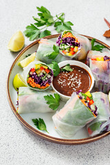 Vegetarian vietnamese spring rolls with peanut butter sauce, carrot, cucumber, red cabbage and rice noodle. Vegan food. 