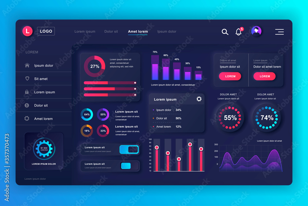 Neumorphic dashboard UI kit. Admin panel vector design template with infographic elements, HUD diagram, info graphics. Website dashboard for UI and UX design web page. Neumorphism style. - obrazy, fototapety, plakaty 