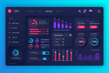 Neumorphic dashboard UI kit. Admin panel vector design template with infographic elements, HUD diagram, info graphics. Website dashboard for UI and UX design web page. Neumorphism style.