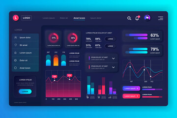 Aufkleber - Neumorphic dashboard UI kit. Admin panel vector design template with infographic elements, HUD diagram, info graphics. Website dashboard for UI and UX design web page. Neumorphism style.