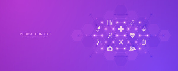 Healthcare and technology concept with flat icons and symbols. Template design for health care business, innovation medicine, science background, medical research. Vector illustration.