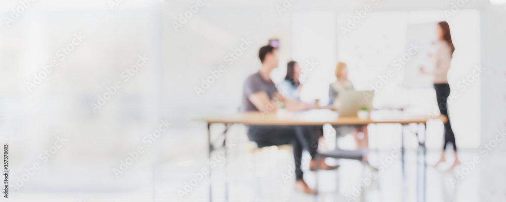 Abstract blurred interior modern office space with business people group working banner background with copy space. - obrazy, fototapety, plakaty 