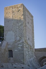 Wall Mural - Vertical shot of an ancient historic concrete building under a clear blue sky