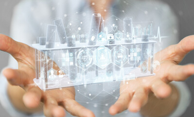Aufkleber - Woman holding and touching holographic tubes samples projection 3D rendering