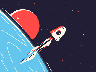 Wall Mural - vector illustration of a reusable spacecraft entering into orbit around the planet