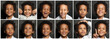 Black child boy faces photo set, head shot collage. Emotions, emotional expression