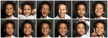 Black Child Boy Faces Photo Set, Head Shot Collage. Emotions, Emotional Expression