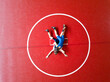 © Ahturner - Aerial view of two wrestlers competing on a red wrestling mat.
