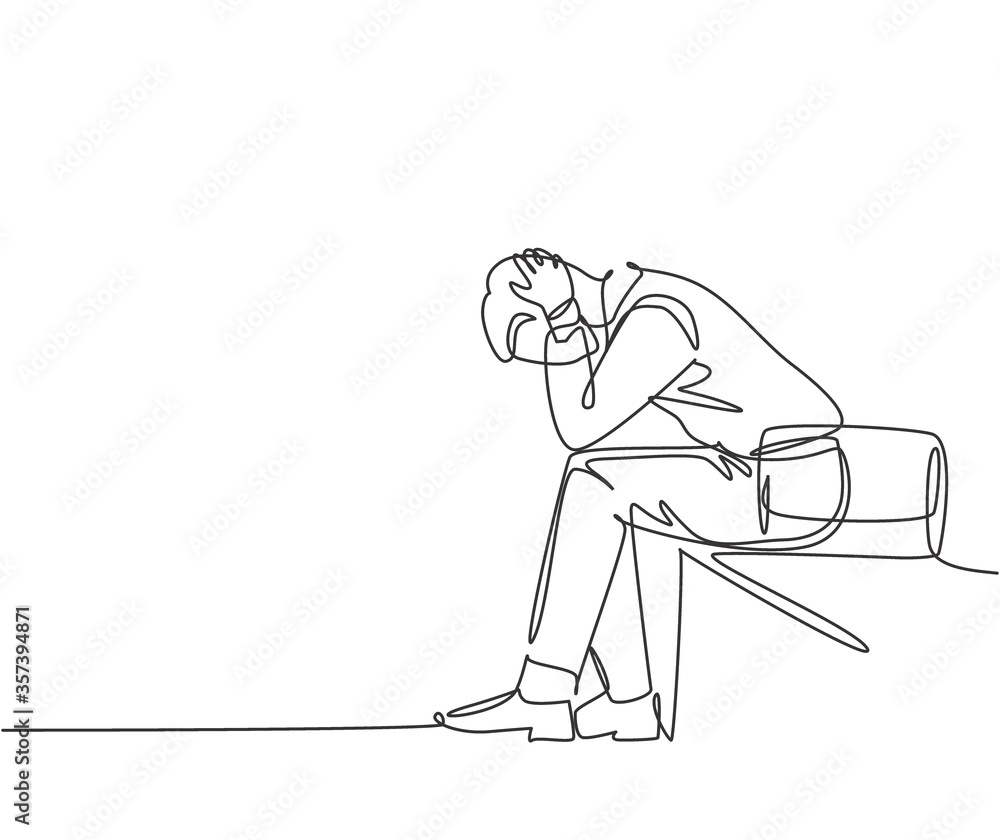 Vector de Stock Single continuous line drawing of depression young ...