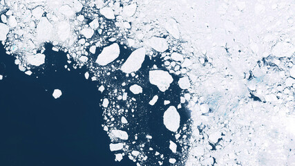 glaciers and ice melting in the north, satellite image showing the environmental situation