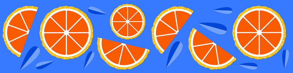 Web banner with cut orange slices and leaves. Flat vector illustration.