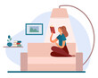 © Дмитрий Муску - Woman reading book on sofa. Flat vector cartoon illustration