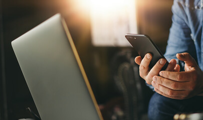 Man pointing on smartphone screen, male hands, close up