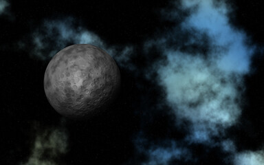 3D abstract space background with fictional moon and nebula