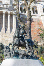 Budapest, Hungary - Feb 11, 2020: Bronze Statue Of Statue Of St. George At Fisherman's Bastions