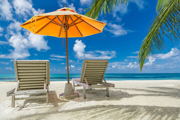 Tropical paradise beach with white sand and coco palms travel tourism wide panorama background. Luxury vacation and holiday banner, tropical beach resort concept. Beautiful beach design