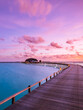 © icemanphotos - Sunset on Maldives island, luxury water villas resort and wooden pier. Beautiful sky and clouds and beach background for summer vacation holiday and travel concept