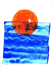 Abstract Painting of Orange sunset and Blue water