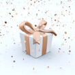 Beautiful gift box with golden bow and ribbons on white backgound with falling confetti. 3D illustration.