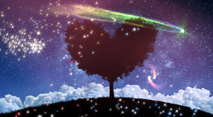 Wall Mural - fantasy night lanscape with tree and starry sky with comets