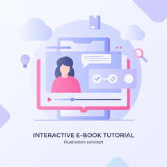Wall Mural - Interactive e-book tutorial technology digital video training with modern flat cartoon style