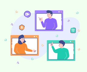 Wall Mural - Webinar course lecture student interaction communication video conference with modern flat cartoon style.