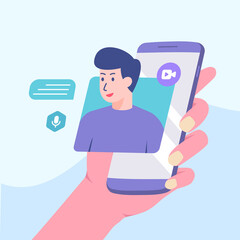 Picture man talking on smartphone screen. video call concept modern flat cartoon style