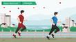 © Alimudin Yusup - Vector illustration of people jogging in riverbank, decoration with fence, island, mountain and buildings. New normal concept with people keep physical distancing from each other and wearing face mask
