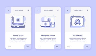 Onboarding icon online course video course multiple platform e certificate campaign for mobil apps home landing page template with outline style flat style design.