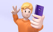 character takes selfie with phone for instagram or tiktok colorful 3d illustration
