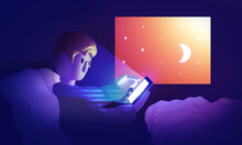 Character Looks At The Luminous Phone Screen At Night Time Colorful 3d Illustration About Late Falling Asleep Or Insomnia