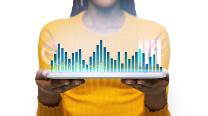 Poster - African American woman holdng tablet computer with economic data emerging from screen on white background, collage
