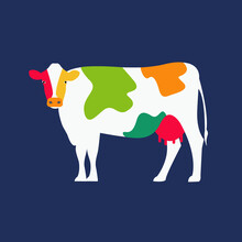 Colorful Concept Creative Cow Vector Flat Design Isolated Cartoon. Be Or Thinking Different & Unique. Artistic Fresh Funny Idea For T Shirt. Advertising For New Festival & Fashion. Modern Cool Nature