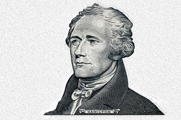 Alexander Hamilton cut on 10 dollar banknote isolated on white background