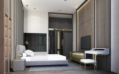 Modern luxury style bedroom area with wooden and marble decoration in grey tone 3d rendering