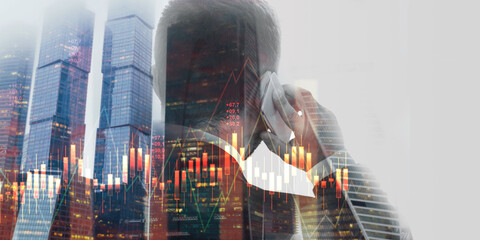 Poster - Businessman talking on mobile phone, collage with economic diagrams and cityscape
