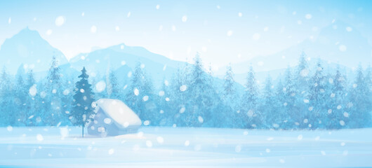 Wall Mural - vector winter landscape with house in forest.