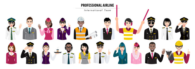 Wall Mural - Cartoon character with airport crew action half body banner, professional airline team in uniform, flat icon design vector illustration