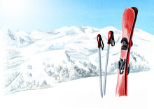 Ski Accessories, Poles And A Pair Of Skis Against A Mountain Landscape, Winter Recreation And Vacation Concept