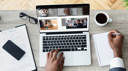 Top view of African American entrepreneur using laptop computer with business blog on screen, collage
