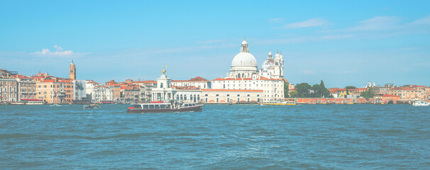 Wall Mural - Panoramic cityscape image of Venice, Italy. Architecture and landmarks of Venice. Retro style filter effect.