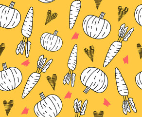 Wall Mural - Seamless pattern with vegetables. Uncolored carrot, heart, pumpkin on yellow background. Vector hand drawn illustration in doodle style. Organic food concept.