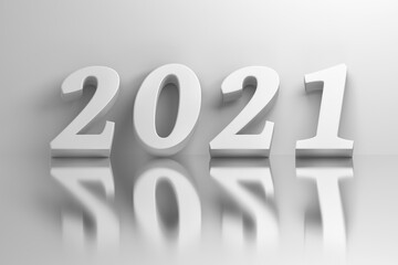 Large bold 2021 new year numbers over shiny mirror surface