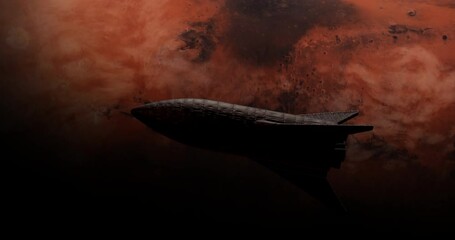 Wall Mural - wide spaceship rocket flying above mars surface, space colonization concept
