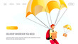 Web page design for Delivery services, Online order, Deliveryman, Cargo transportation. Deliveryman on parachute carrying a box. Vector illustration for poster, banner, advertising, website.