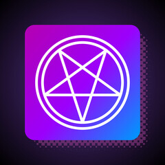 Sticker - White line Pentagram in a circle icon isolated on black background. Magic occult star symbol. Square color button. Vector Illustration