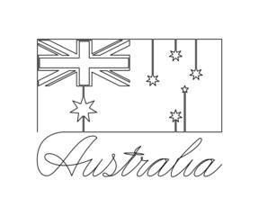 Australian flag and handwritten inscription AUSTRALIA. Continuous one line drawing. Patriotic concept of unity.