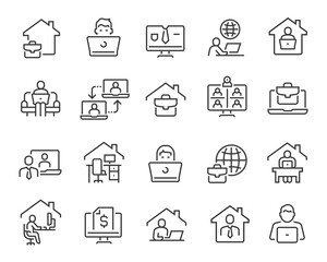 Freelance and Work at Home Icons Set. Collection of linear simple web icons such as Work from Home, Distant Work, Freelance, Online Video Conferencing, Work Online and more. Editable vector stroke.