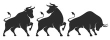 Bull Set. Stylized Silhouettes Of Standing In Different Poses And Butting Up Bulls. Isolated On White Background. Bull Logo Designs Set. Vector Illustration.